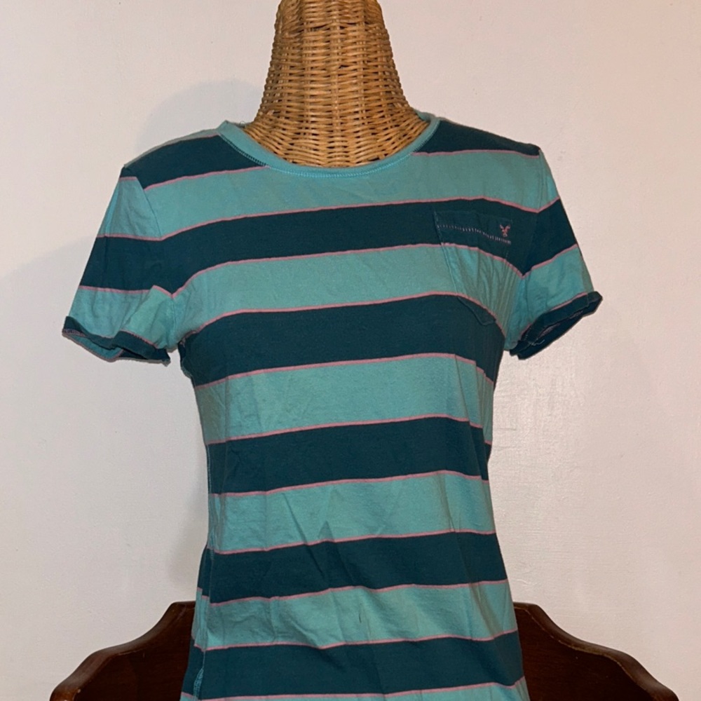 Y2K American Eagle Teal and Blue Striped Pocket Tee